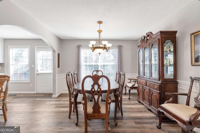 239 Taylors Farm Dr, Canton, GA 30115 - dining space with a chandelier, arched walkways, a textured ceiling, a wainscoted wall, and plenty of natural light