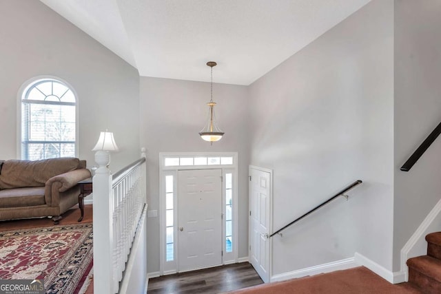 239 Taylors Farm Dr, Canton, GA 30115 - entrance foyer with baseboards, a towering ceiling, and dark wood-style floors
