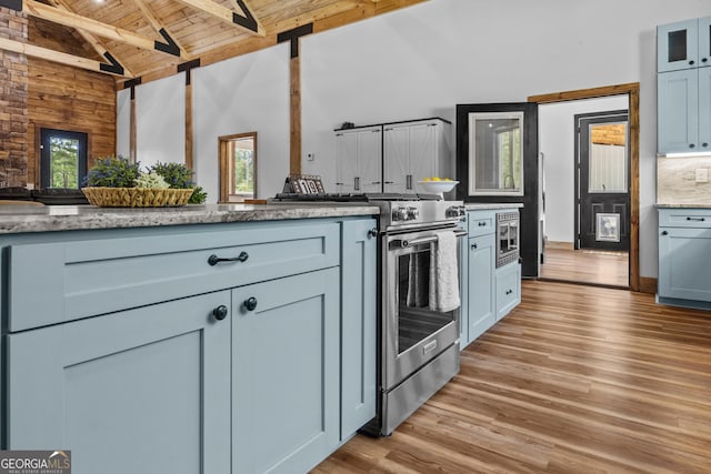 795 E Jones Chapel Rd, Danielsville, GA 30633 - kitchen featuring a wood ceiling with exposed beams, appliances with stainless steel finishes, light wood-type flooring, high vaulted ceiling, and light stone countertops
