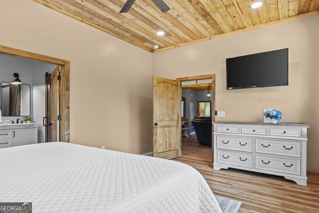 795 E Jones Chapel Rd, Danielsville, GA 30633 - bedroom with wooden ceiling, wood finished floors, recessed lighting, and ensuite bathroom