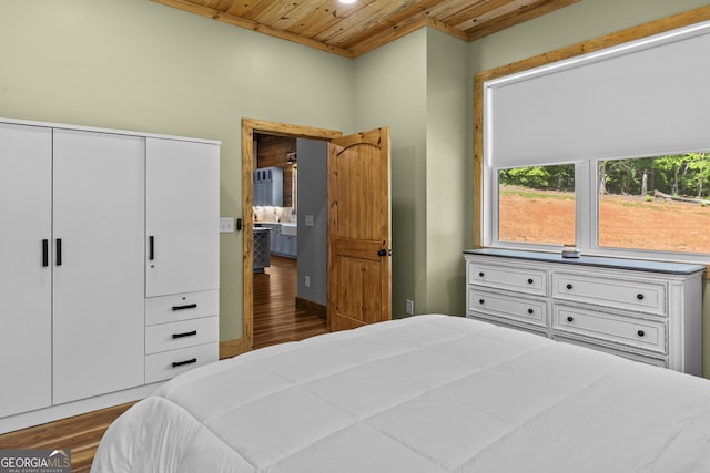 795 E Jones Chapel Rd, Danielsville, GA 30633 - bedroom with wooden ceiling, dark wood-type flooring, and a closet