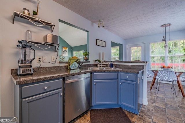 4348 Tillage Path, Douglasville, GA 30135 - kitchen with dishwasher, a sink, dark countertops, a textured ceiling, and blue cabinetry