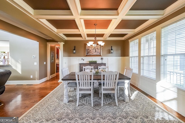168 Observation Pt, Dallas, GA 30132 - dining room featuring coffered ceiling, wood finished floors, beam ceiling, a chandelier, and a wainscoted wall