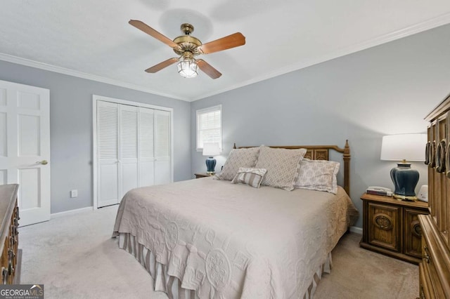 4205 Jeri Lynn Ct, Tucker, GA 30084 - bedroom with light colored carpet, a closet, crown molding, baseboards, and a ceiling fan