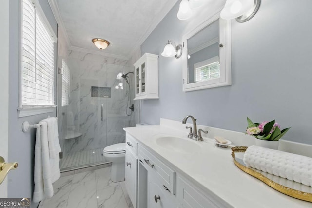 4205 Jeri Lynn Ct, Tucker, GA 30084 - full bath with ornamental molding, a marble finish shower, marble finish floors, vanity, and toilet