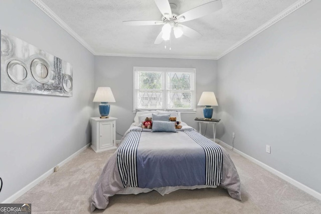 4205 Jeri Lynn Ct, Tucker, GA 30084 - bedroom with a textured ceiling, light colored carpet, ornamental molding, baseboards, and a ceiling fan