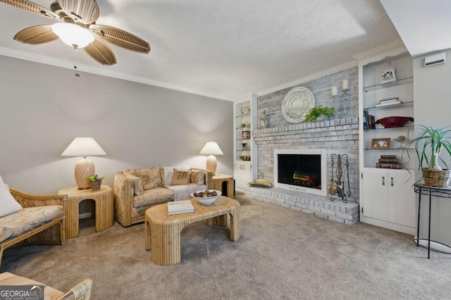 4205 Jeri Lynn Ct, Tucker, GA 30084 - living room with crown molding, carpet floors, built in shelves, a fireplace, and a ceiling fan