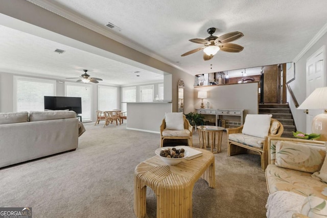 4205 Jeri Lynn Ct, Tucker, GA 30084 - living area with ceiling fan, carpet, ornamental molding, stairs, and a textured ceiling