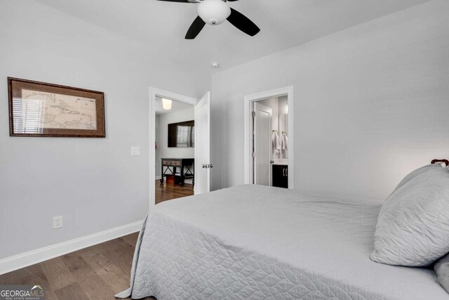 3108 Huntington Pl, Milton, GA 30004 - bedroom with baseboards, wood finished floors, ceiling fan, and ensuite bath