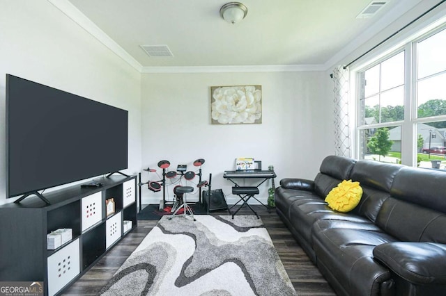282 Brant Cir, Jefferson, GA 30549 - living area featuring dark wood-style flooring, crown molding, and baseboards