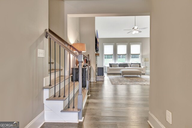 234 Thyme Leaf Way, Locust Grove, GA 30248 - entryway featuring ceiling fan, wood finished floors, baseboards, and stairs