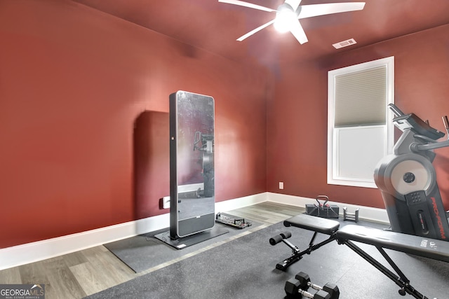 234 Thyme Leaf Way, Locust Grove, GA 30248 - exercise room featuring ceiling fan, baseboards, and wood finished floors