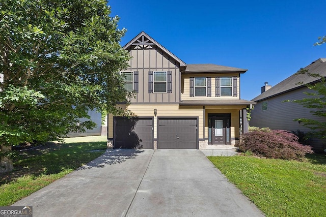 4238 Sir Dixon Dr, Fairburn, GA 30213 - view of front of home with board and batten siding, an attached garage, concrete driveway, and a front yard