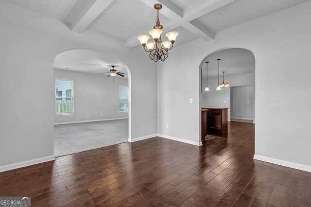 4238 Sir Dixon Dr, Fairburn, GA 30213 - empty room featuring arched walkways, a chandelier, wood finished floors, beamed ceiling, and a ceiling fan