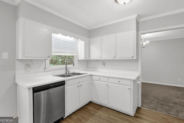 752 Roxboro Trce, Lawrenceville, GA 30044 - kitchen with dishwasher, a sink, white cabinets, light countertops, and ornamental molding