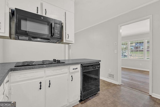2261 Star Mist Dr SW, Atlanta, GA 30311 - kitchen featuring black appliances, crown molding, white cabinetry, dark countertops, and baseboards