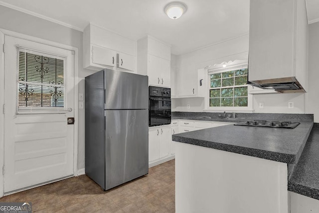 2261 Star Mist Dr SW, Atlanta, GA 30311 - kitchen with black appliances, dark countertops, a peninsula, premium range hood, and a sink