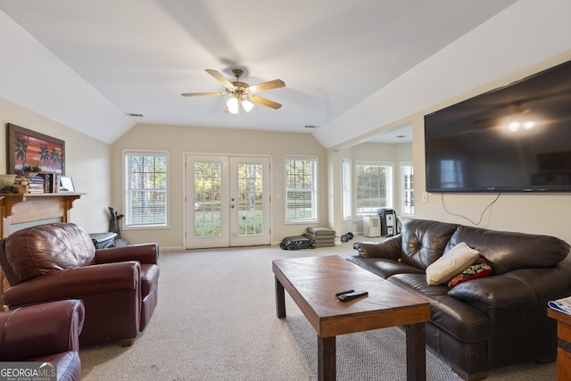 572 Austin Rd, Newnan, GA 30263 - living room featuring lofted ceiling, plenty of natural light, carpet, ceiling fan, and french doors