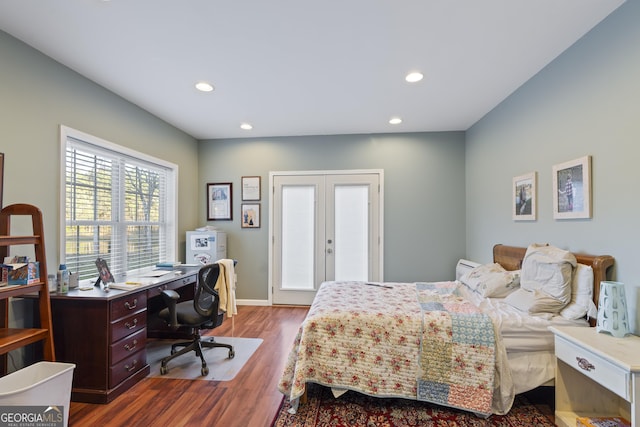 572 Austin Rd, Newnan, GA 30263 - bedroom featuring wood finished floors, recessed lighting, french doors, a desk, and access to outside