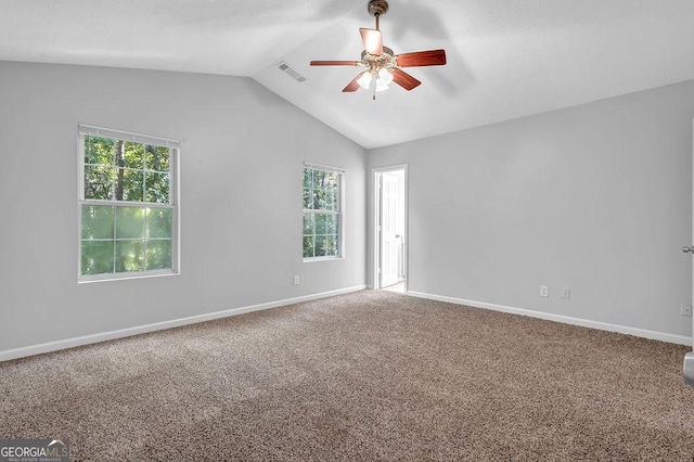 6541 Lazy Creek Ct, Lithonia, GA 30058 - empty room featuring a ceiling fan, lofted ceiling, baseboards, and carpet