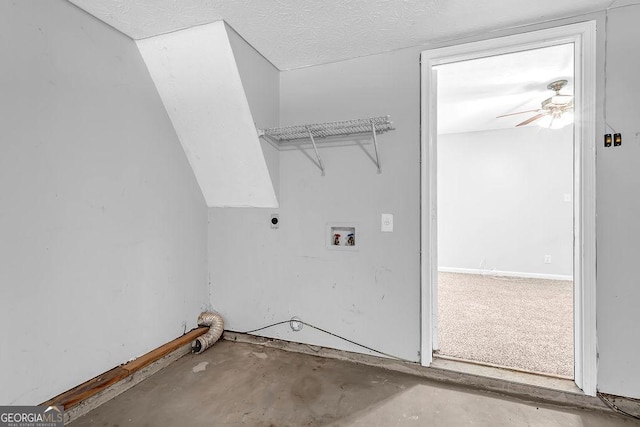 6541 Lazy Creek Ct, Lithonia, GA 30058 - laundry area featuring electric dryer hookup, hookup for a washing machine, and ceiling fan