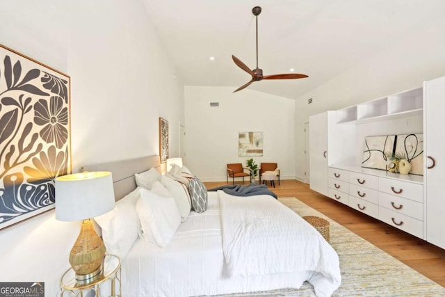 1815 Coventry Rd, Decatur, GA 30030 - bedroom with high vaulted ceiling, wood finished floors, and a ceiling fan