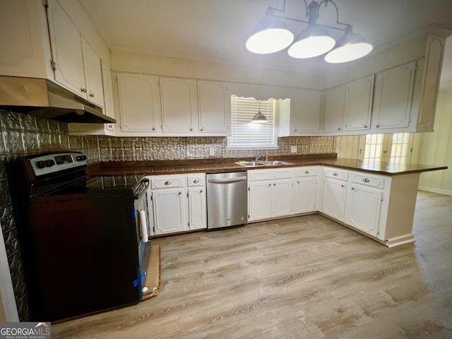 108 Plum St, Dublin, GA 31021 - kitchen with black range with electric stovetop, dishwasher, under cabinet range hood, dark countertops, and a sink