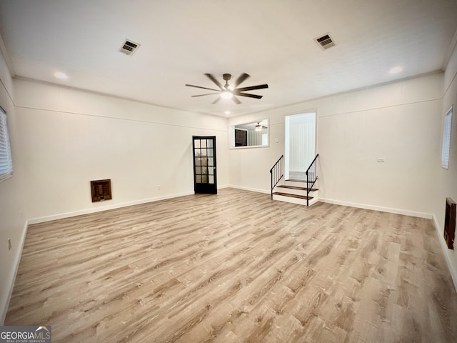 108 Plum St, Dublin, GA 31021 - unfurnished living room with a ceiling fan, wood finished floors, stairway, recessed lighting, and baseboards