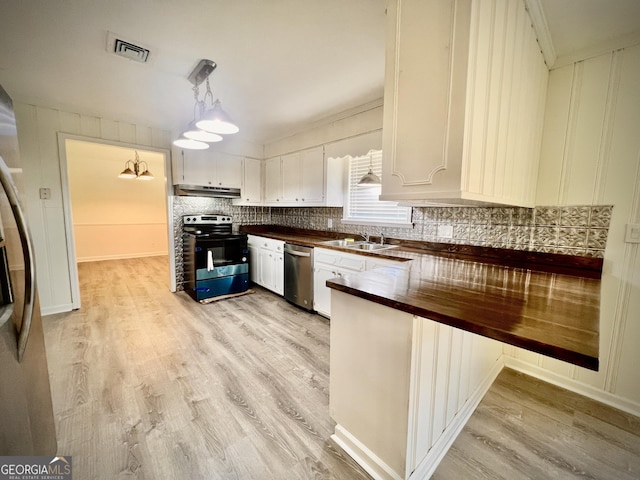 108 Plum St, Dublin, GA 31021 - kitchen with range with electric cooktop, stainless steel dishwasher, under cabinet range hood, light wood-type flooring, and a peninsula