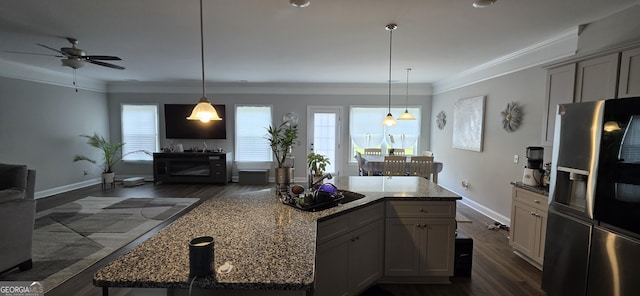 120 Chalk Farm Way, Bloomingdale, GA 31302 - kitchen with refrigerator with ice dispenser, light stone counters, ceiling fan, ornamental molding, and dark wood-type flooring