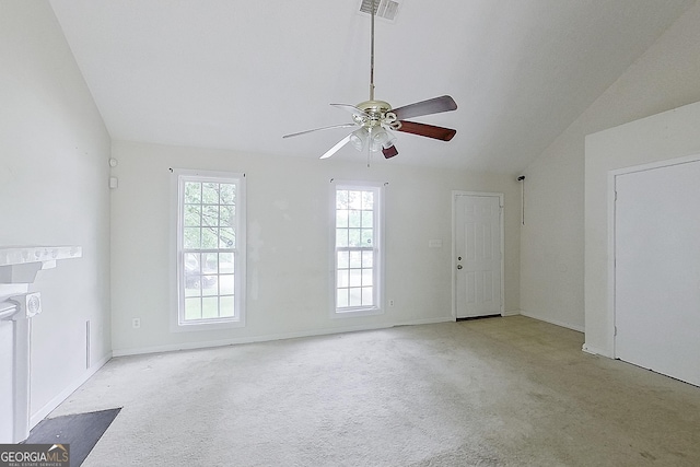3311 Basking Shade Ln, Decatur, GA 30034 - unfurnished living room with vaulted ceiling, ceiling fan, carpet flooring, and baseboards
