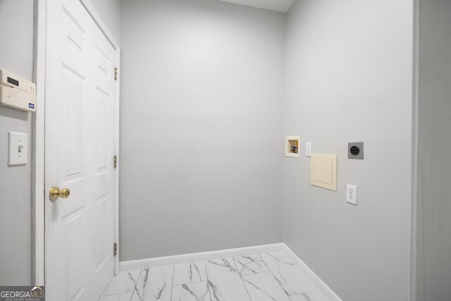 4801 Devonhurst Way, Powder Springs, GA 30127 - laundry room featuring electric dryer hookup, hookup for a washing machine, baseboards, and light marble finish flooring
