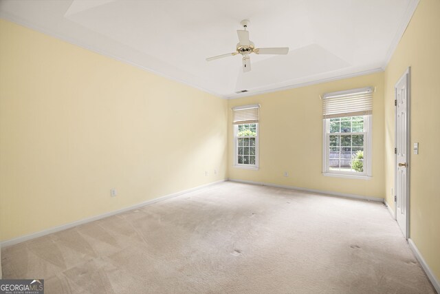 4801 Devonhurst Way, Powder Springs, GA 30127 - unfurnished room with light colored carpet, ornamental molding, a ceiling fan, baseboards, and a raised ceiling