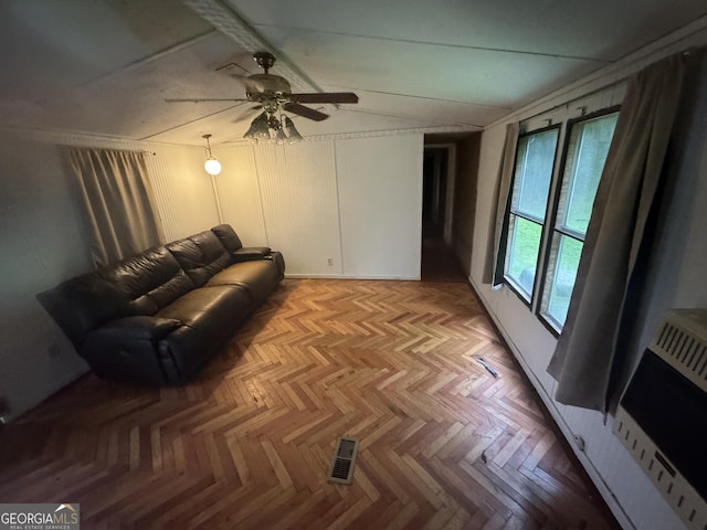 165 Twin Mountain Lake Rd, Talking Rock, GA 30175 - living room with a ceiling fan, vaulted ceiling, and heating unit