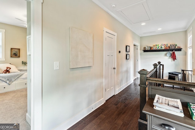 90 Middle St, Senoia, GA 30276 - hall with attic access, dark wood finished floors, baseboards, recessed lighting, and ornamental molding