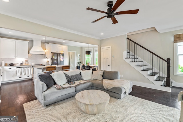 90 Middle St, Senoia, GA 30276 - living room with ceiling fan, dark wood-style flooring, stairway, recessed lighting, and ornamental molding