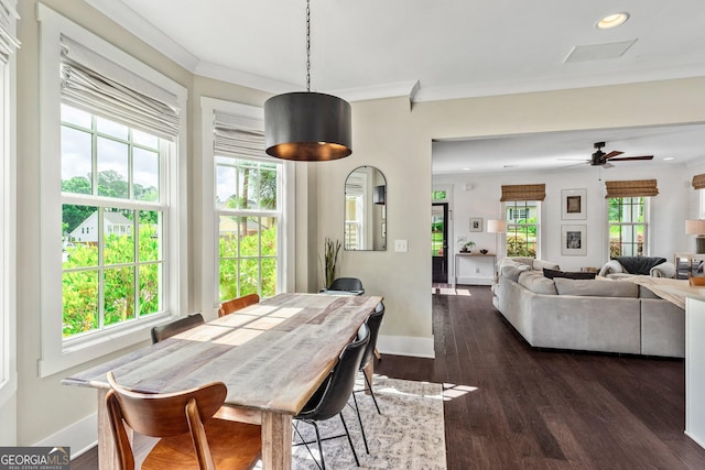 90 Middle St, Senoia, GA 30276 - dining room featuring baseboards, recessed lighting, dark wood-style floors, ornamental molding, and ceiling fan