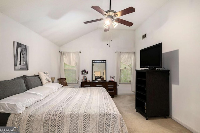 4378 Chestnut Oaks Trce, Lithonia, GA 30038 - bedroom featuring light colored carpet, baseboards, ceiling fan, and high vaulted ceiling