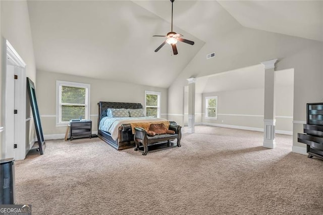 271 Learwood, Atlanta, GA 30349 - carpeted bedroom featuring ornate columns, high vaulted ceiling, multiple windows, and baseboards