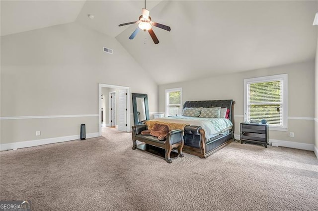 271 Learwood, Atlanta, GA 30349 - bedroom featuring high vaulted ceiling, carpet floors, multiple windows, a ceiling fan, and baseboards