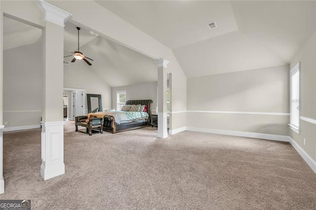 271 Learwood, Atlanta, GA 30349 - carpeted bedroom with vaulted ceiling, multiple windows, baseboards, and a ceiling fan