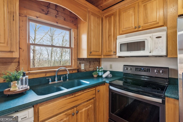 435 Ranch Mountan Dr, Dahlonega, GA 30533 - kitchen with stainless steel range with electric stovetop, white microwave, a sink, and dark countertops