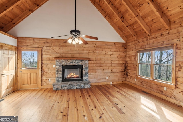 435 Ranch Mountan Dr, Dahlonega, GA 30533 - unfurnished living room with wood-type flooring, wood walls, plenty of natural light, wood ceiling, and a stone fireplace