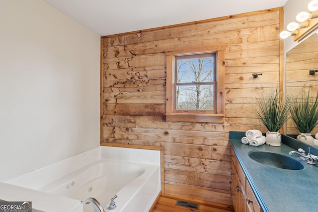 435 Ranch Mountan Dr, Dahlonega, GA 30533 - full bathroom with wood walls, a whirlpool tub, and vanity