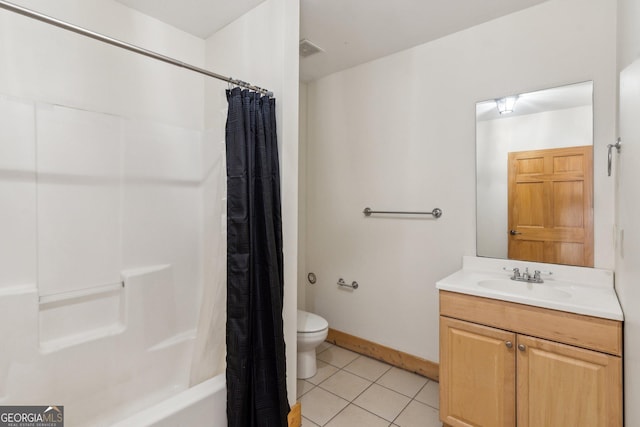 435 Ranch Mountan Dr, Dahlonega, GA 30533 - bathroom featuring tile patterned flooring, toilet, vanity, shower / bathtub combination with curtain, and baseboards