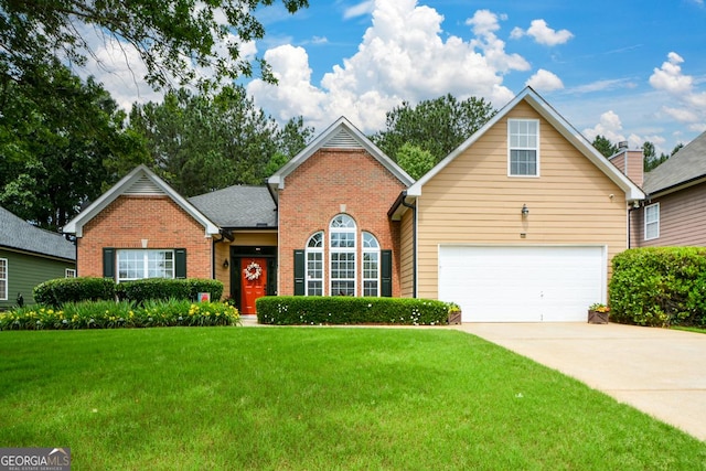 9013 Aldbury Dr, Locust Grove, GA 30248 - traditional-style home with brick siding, a front lawn, concrete driveway, and a garage