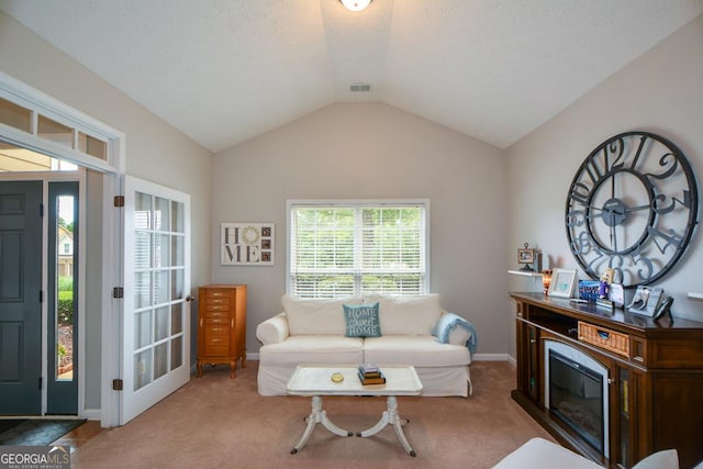 9013 Aldbury Dr, Locust Grove, GA 30248 - carpeted living room with vaulted ceiling, a textured ceiling, and baseboards
