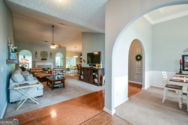 9013 Aldbury Dr, Locust Grove, GA 30248 - living room with light carpet, arched walkways, a ceiling fan, high vaulted ceiling, and a fireplace