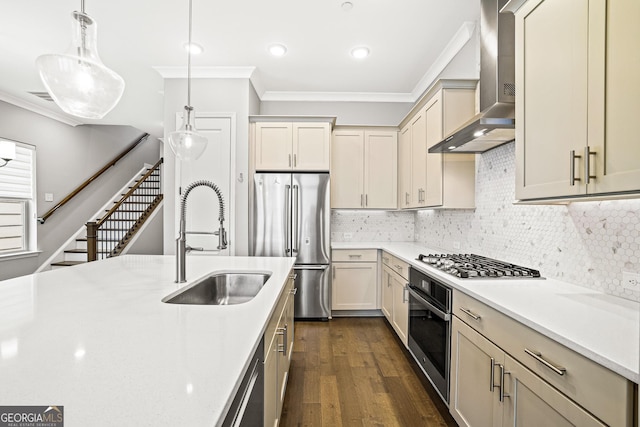 1058 Kirkland Cir, Smyrna, GA 30080 - kitchen with wall chimney exhaust hood, ornamental molding, stainless steel appliances, a sink, and dark wood-type flooring