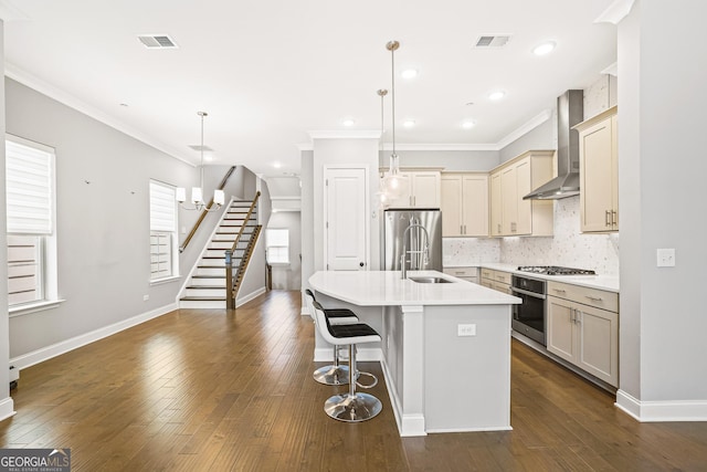 1058 Kirkland Cir, Smyrna, GA 30080 - kitchen with wall chimney range hood, stainless steel appliances, a kitchen bar, a center island with sink, and crown molding